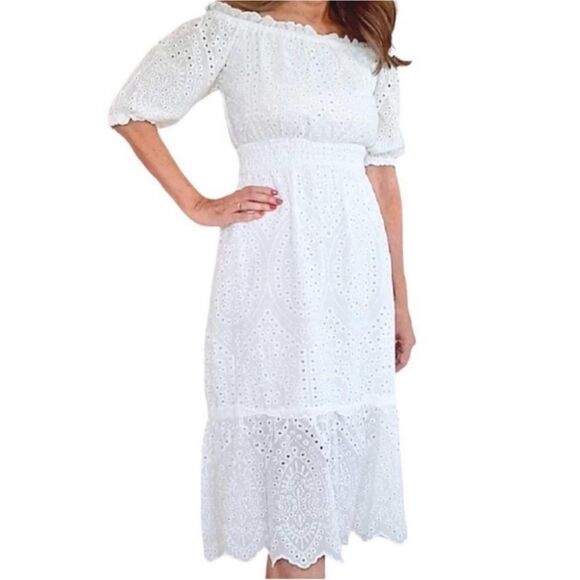 Betsey Johnson Eyelet Off The Shoulder Smocked Waist Midi Dress White Large - Picture 1 of 14